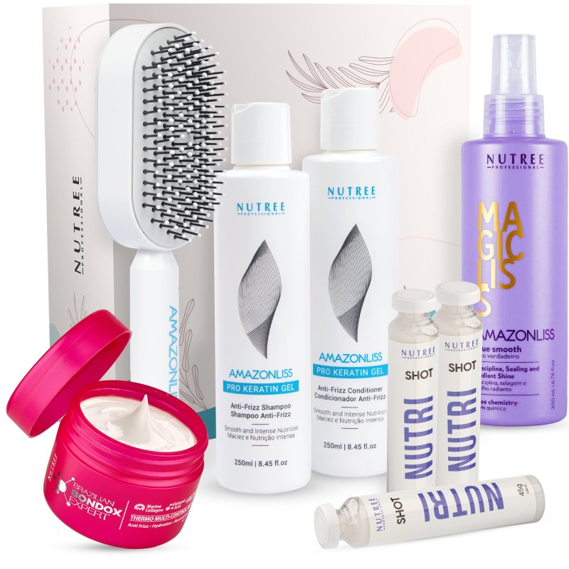 Gift Set of Bondox Expert, Magicliss Spray, Pro Keratin Hair Mask, Nutri Shots and Amazonliss Self-Cleaning Hair Brush - Nutree Cosmetics